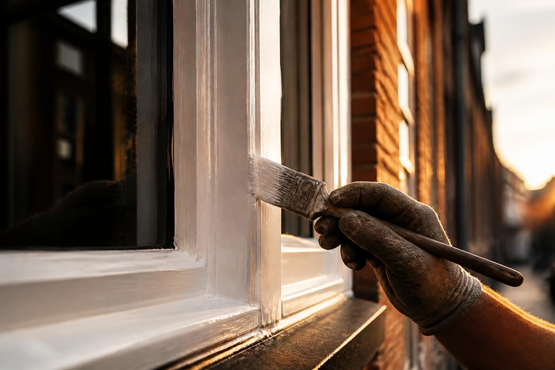 Vakschilder werkt een houten kozijn van een woning af